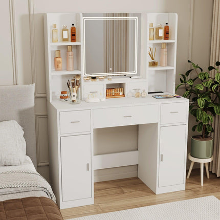 White Smart Mirror Dressing Table with Storage & Drawers