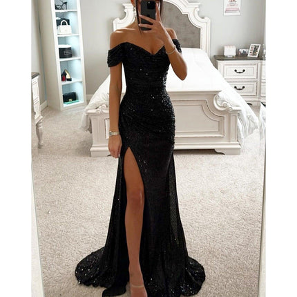 Vestidos de mujer nuevos de fiesta con lentejuelas, escote de una línea, vestido con abertura, vestido casual de moda para escote