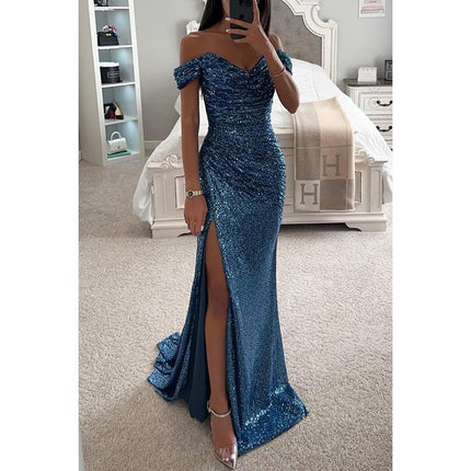 Vestidos de mujer nuevos de fiesta con lentejuelas, escote de una línea, vestido con abertura, vestido casual de moda para escote