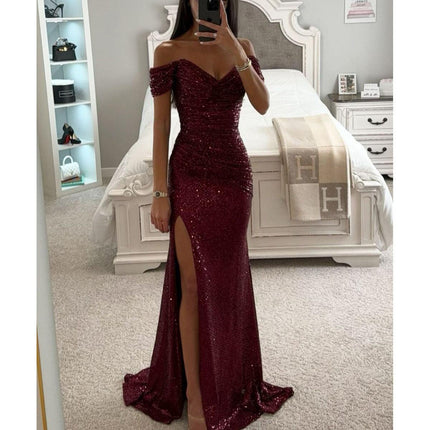 Vestidos de mujer nuevos de fiesta con lentejuelas, escote de una línea, vestido con abertura, vestido casual de moda para escote