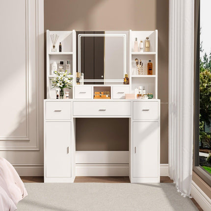 White Smart Mirror Dressing Table with Storage & Drawers