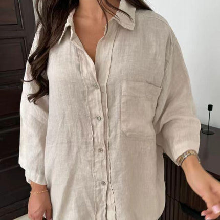 Conjunto de camisa informal de poliéster con bolsillo, ideal para pantalones anchos de mujer, camisa de manga larga, conjunto holgado de dos piezas para mujer.