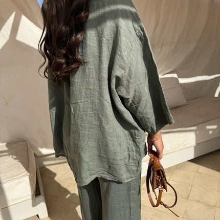 Conjunto de camisa informal de poliéster con bolsillo, ideal para pantalones anchos de mujer, camisa de manga larga, conjunto holgado de dos piezas para mujer.