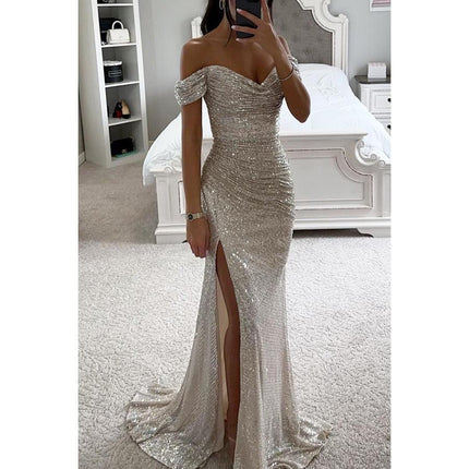 Vestidos de mujer nuevos de fiesta con lentejuelas, escote de una línea, vestido con abertura, vestido casual de moda para escote