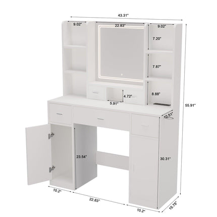 White Smart Mirror Dressing Table with Storage & Drawers