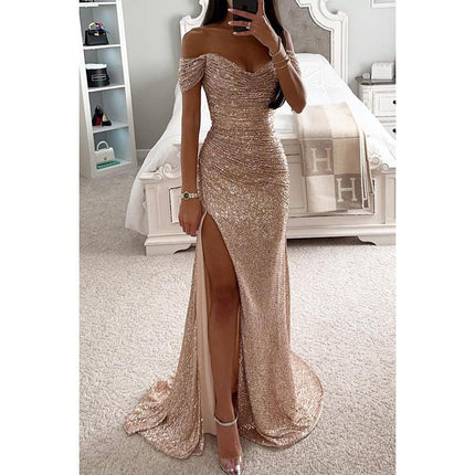 Vestidos de mujer nuevos de fiesta con lentejuelas, escote de una línea, vestido con abertura, vestido casual de moda para escote