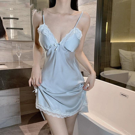 Sexy en dentelle V Neck Lingerie Robes Femme Robe de nuit Satin Lacet Lace Up Sleeping Night Dress