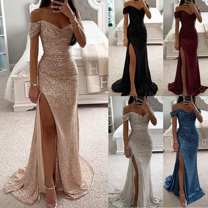 Vestidos de mujer nuevos de fiesta con lentejuelas, escote de una línea, vestido con abertura, vestido casual de moda para escote