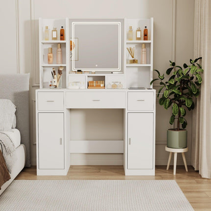 White Smart Mirror Dressing Table with Storage & Drawers
