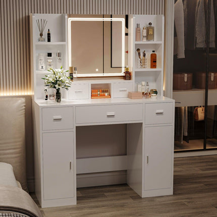 White Smart Mirror Dressing Table with Storage & Drawers